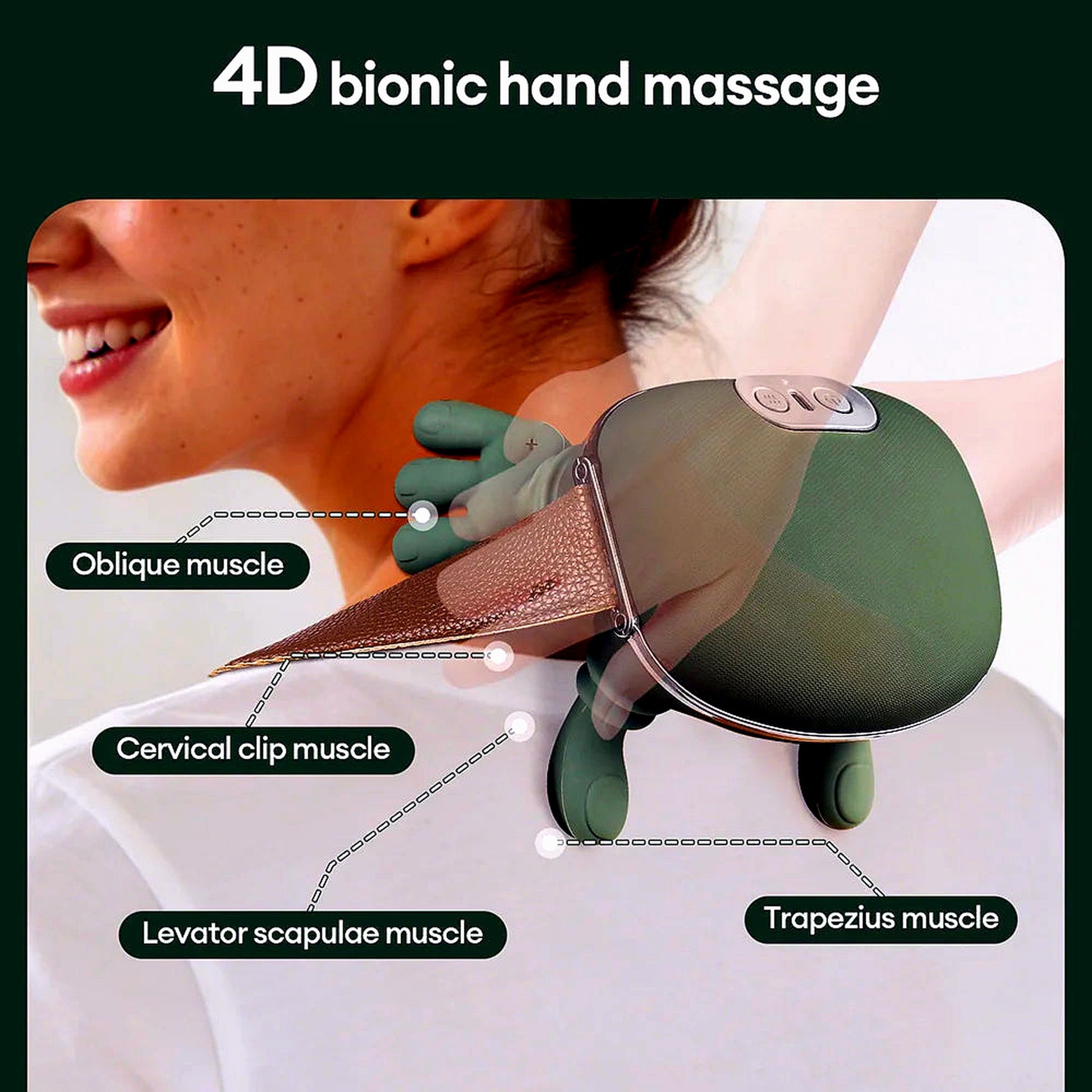 4D bionic hand massage targeting trapezius, cervical and oblique muscles