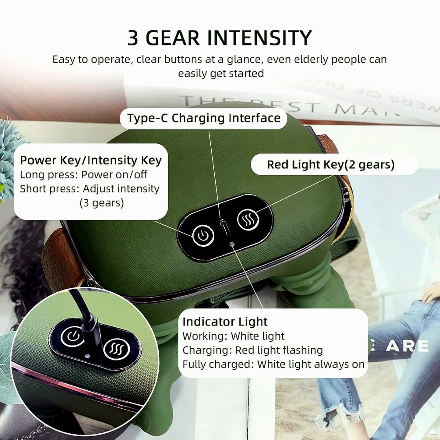 3-gear intensity controls and buttons