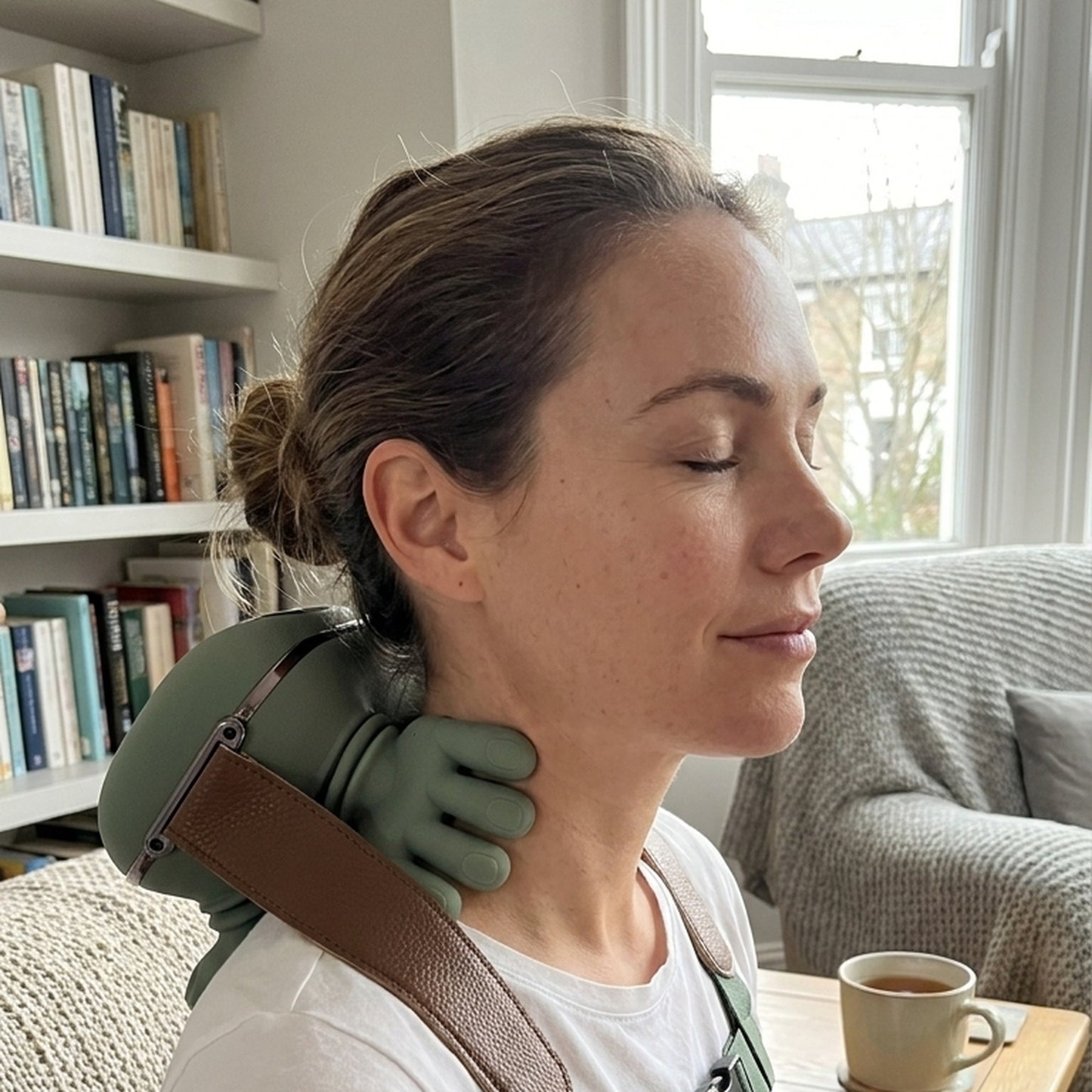Woman relaxing while wearing the sage-green neck and shoulder massager at home